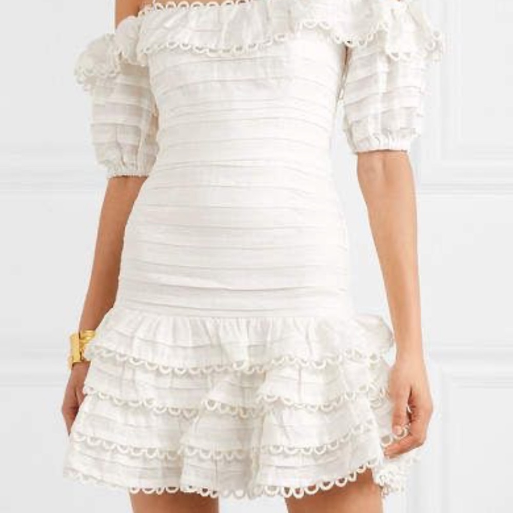 ZIMMERMAN ALLIA COLD-SHOULDER RUFFLED LINEN MINI DRESS (Zimmerman Size 2/US 6)